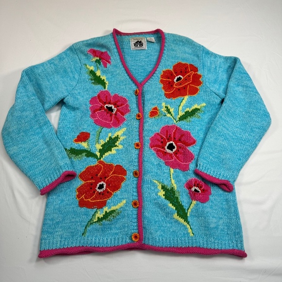 Storybook Knits Sweaters - Storybook Long Sleeve Floral Knit Sweater Womens Size Medium Blue Pink Vintage